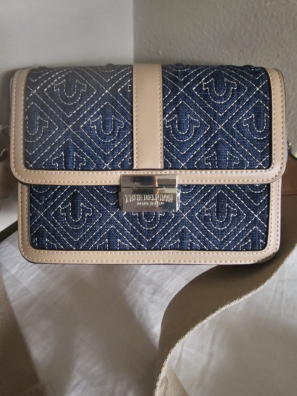 True Religion Denim Quilted Crossbody with Beige Trim